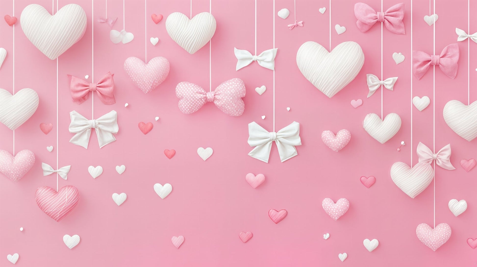 Kids-Mundo flat artwork of hanging pink and white hearts with ribbon bows on a pink backdrop.