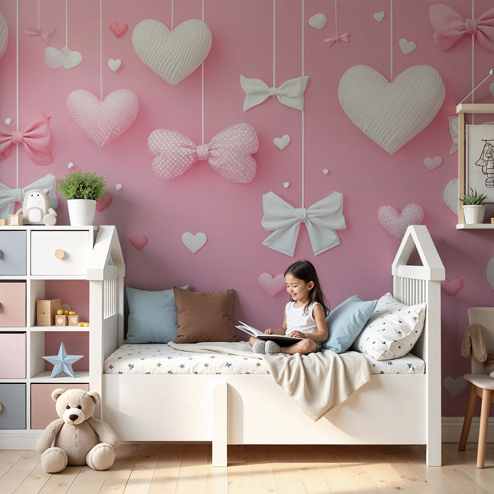 Kids-Mundo hearts and bows wall mural styled in a soft pink baby girl nursery with a white cot.