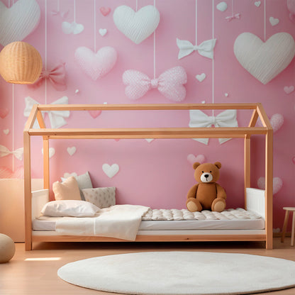 Kids-Mundo hearts and bows wall mural bringing playful romance to a bright pink playroom.