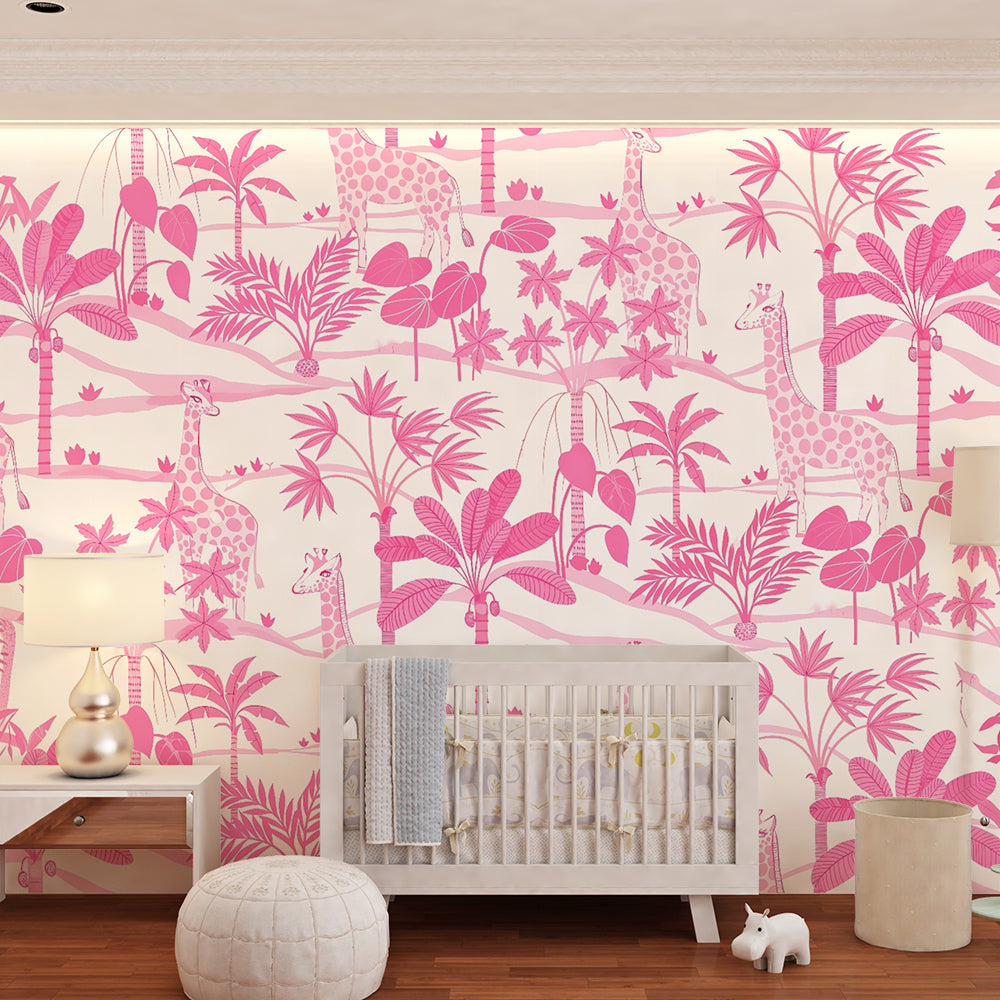 Kids-Mundo pink giraffe wall mural covering a wall in a girl's bedroom with bed and toys