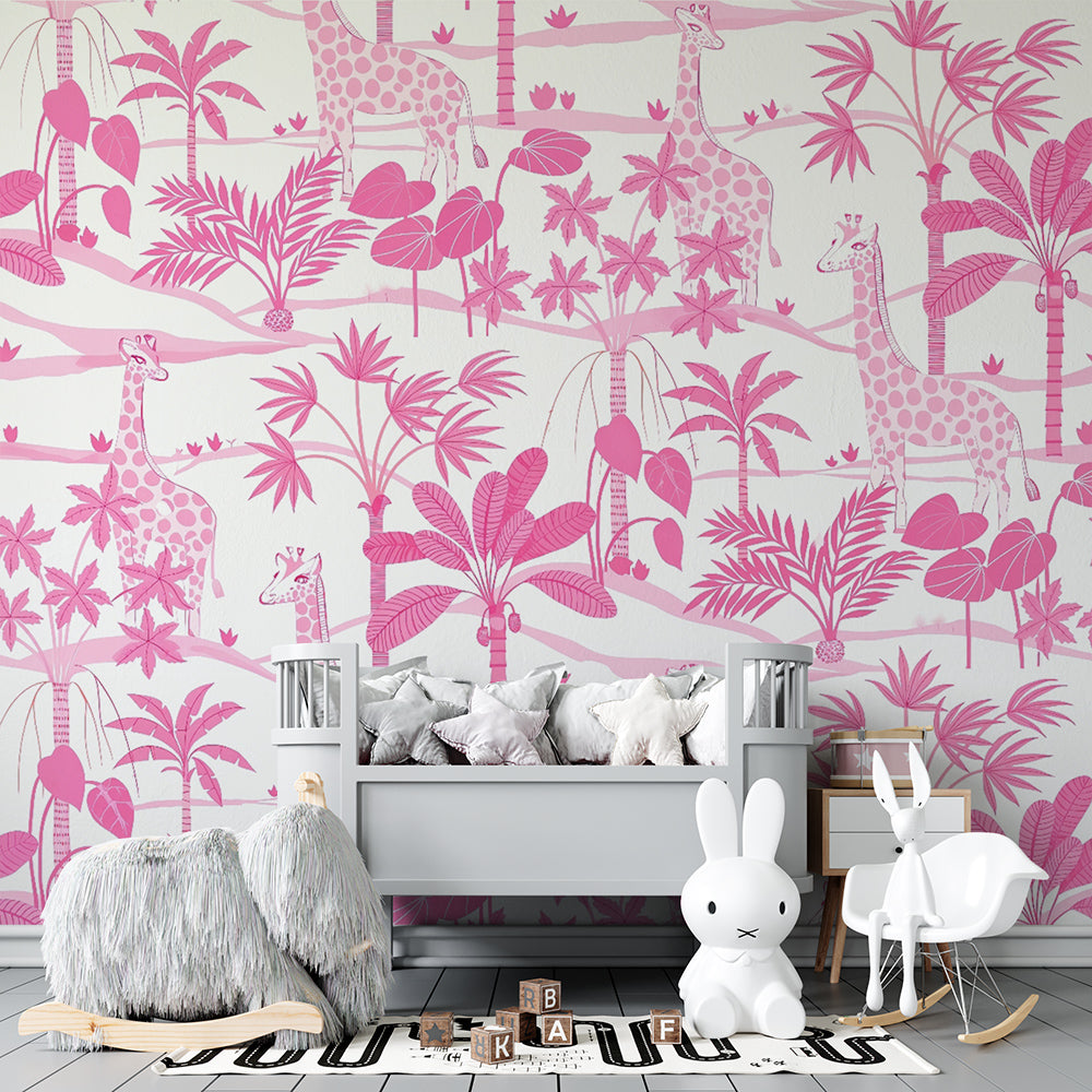 Kids-Mundo pink jungle giraffe mural brightening a playroom wall with shelving and a rug