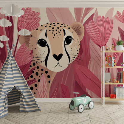 Kids-Mundo pink jungle leopard cub wall mural decorating a girl's bedroom with warm blush tones.