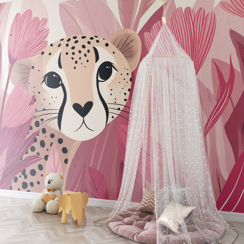 Kids-Mundo pink jungle leopard cub wall mural brightening a children's playroom feature wall.