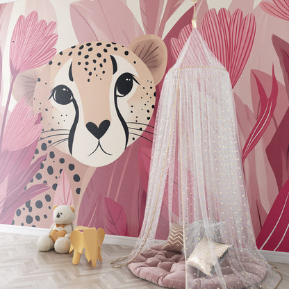 Kids-Mundo pink jungle leopard cub wall mural brightening a children's playroom feature wall.