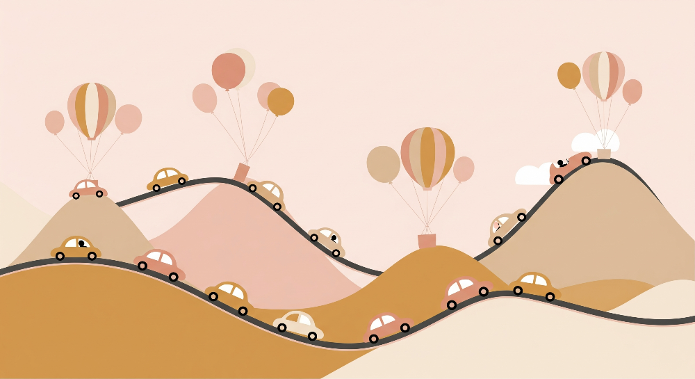 Kids-Mundo flat artwork of a pink winding road with little cars and clusters of balloons