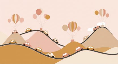 Kids-Mundo flat artwork of a pink winding road with little cars and clusters of balloons