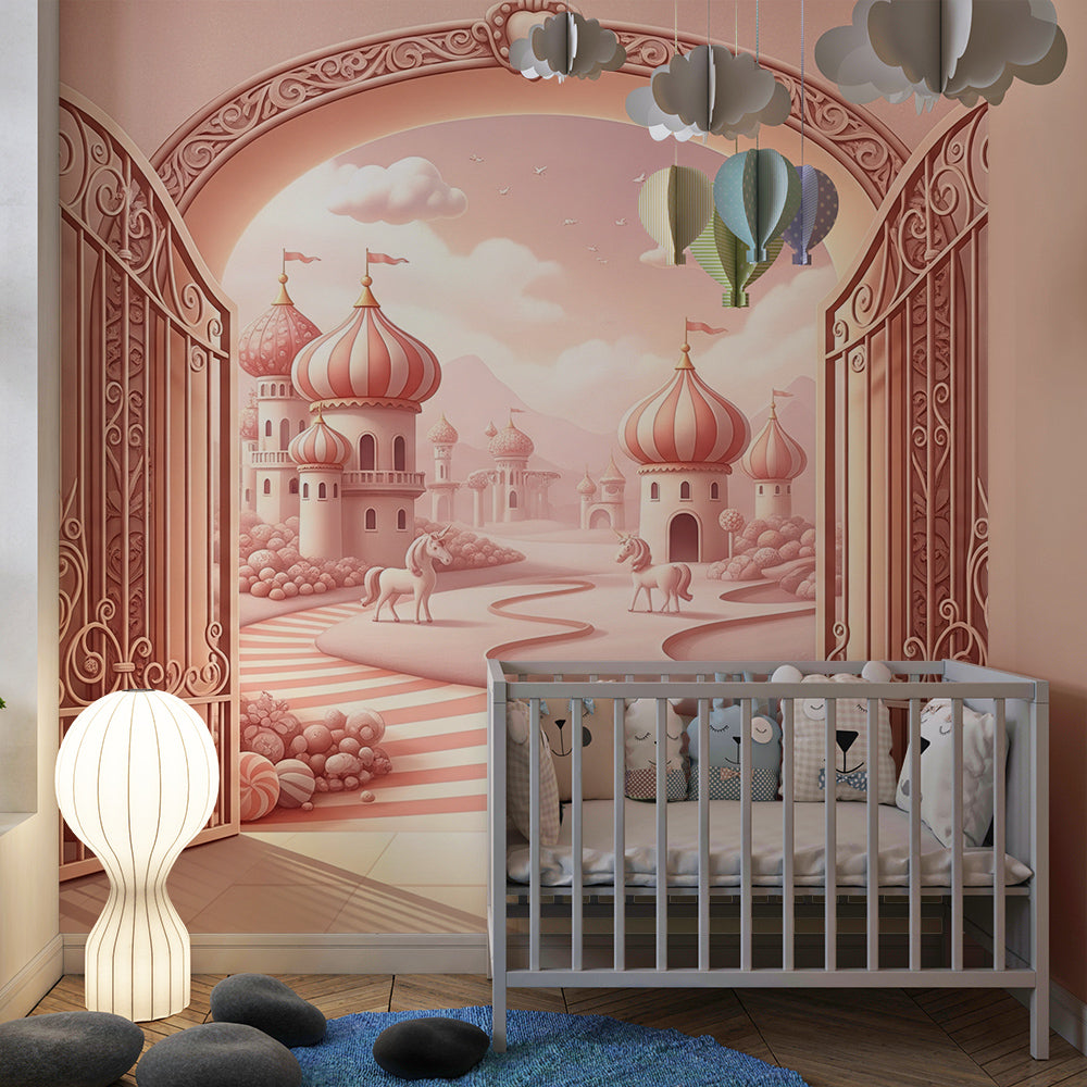Kids-Mundo unicorn wall mural with palace gates and domed towers shown on a kids bedroom wall.