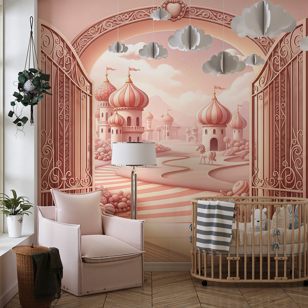 Kids-Mundo pink palace kingdom mural mockup displayed on a bright children's playroom wall.