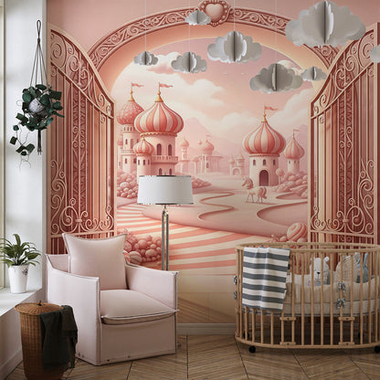 Kids-Mundo pink palace kingdom mural mockup displayed on a bright children's playroom wall.