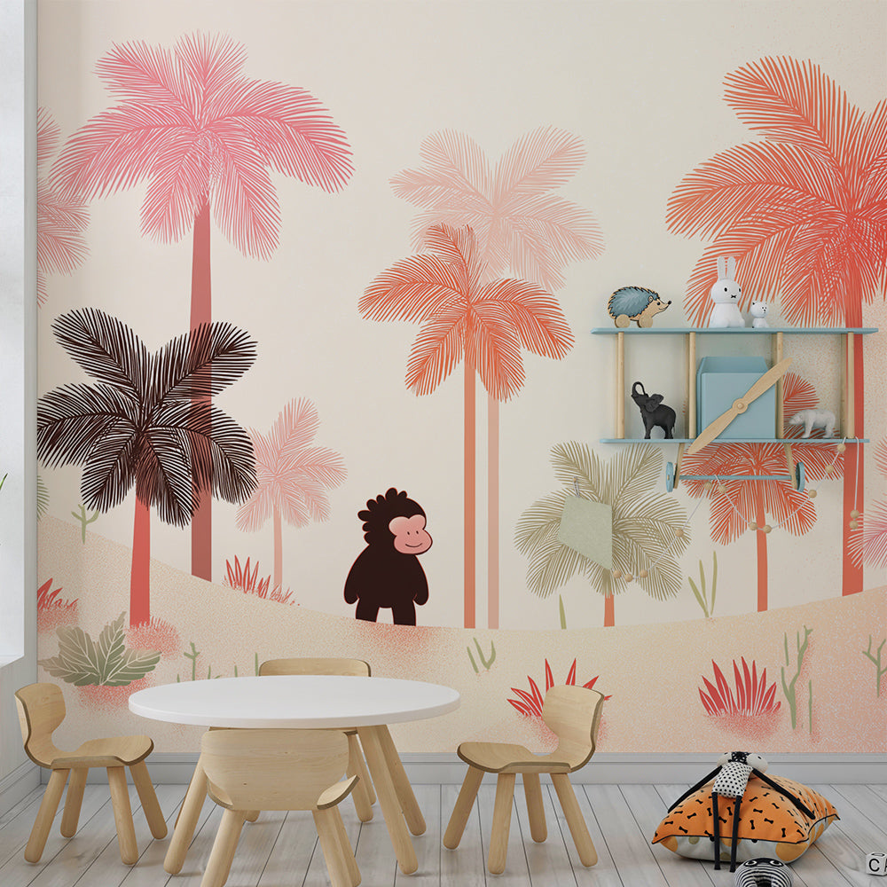 Kids-Mundo pink palm tree monkey wall mural styled in a child's bedroom