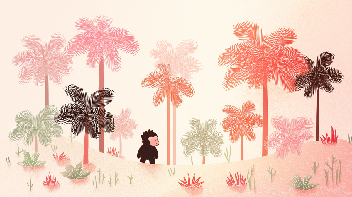 Little Monkey Strolling Through Pink Palm Trees Wall Mural