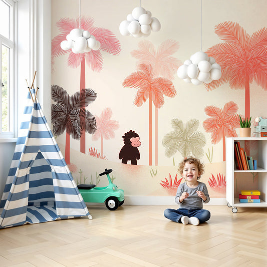 Kids-Mundo pink palm tree monkey wall mural made to measure for a baby nursery feature wall