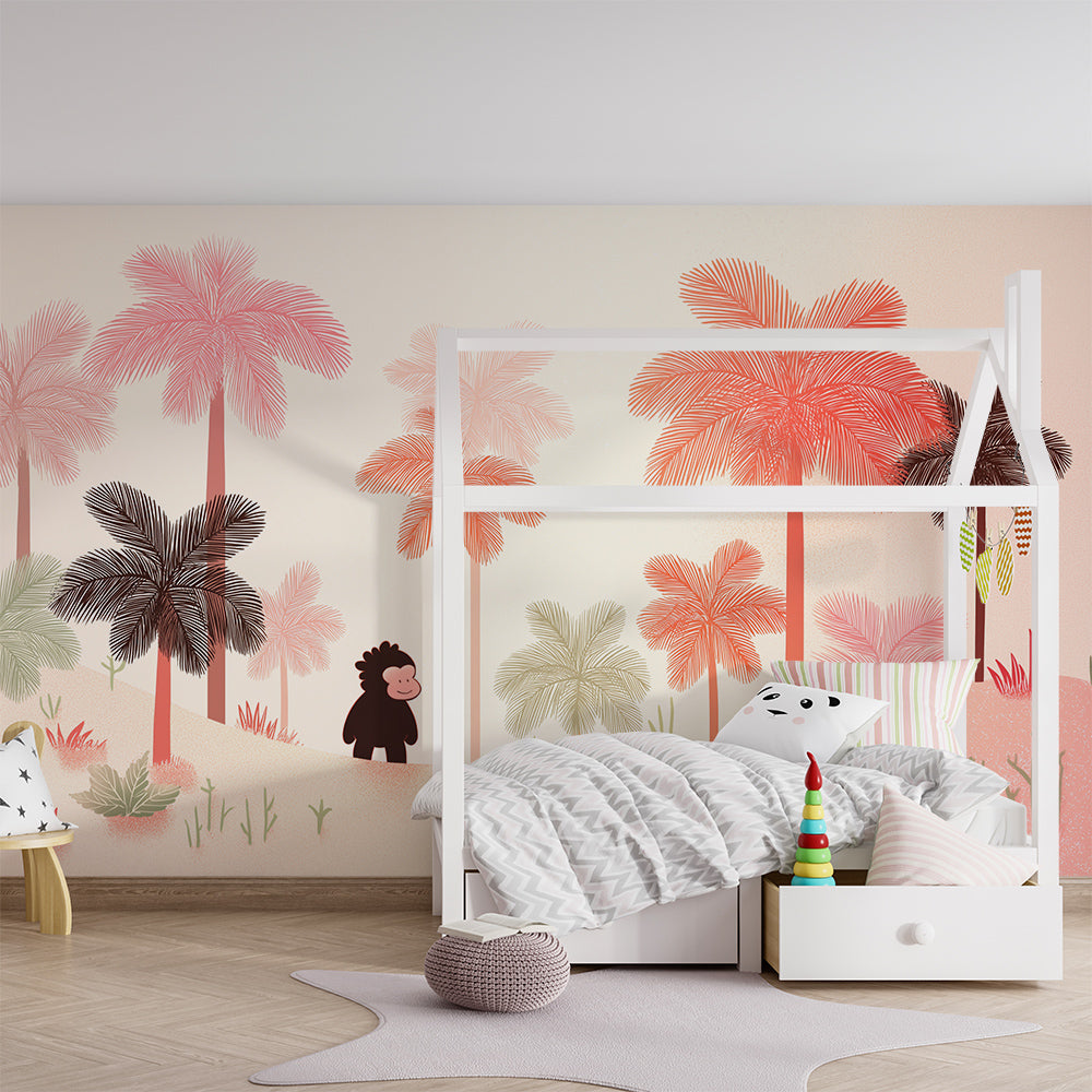 Kids-Mundo blush pink palm tree monkey wall mural inside a bright kids' playroom