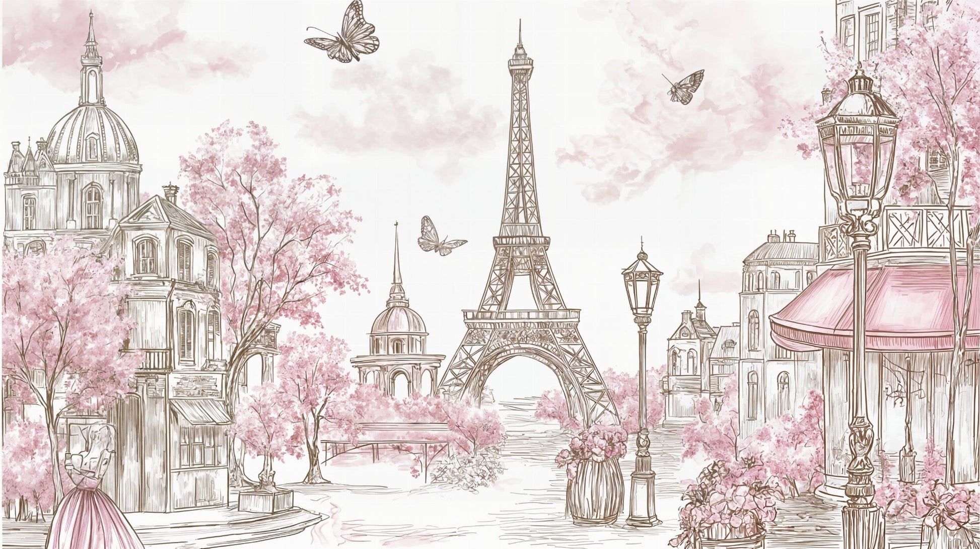 Kids-Mundo Paris wall mural flat artwork showing a sketched Eiffel Tower and blossom trees
