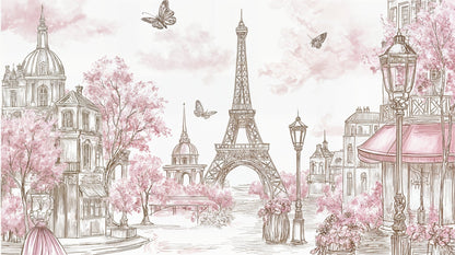 Kids-Mundo Paris wall mural flat artwork showing a sketched Eiffel Tower and blossom trees