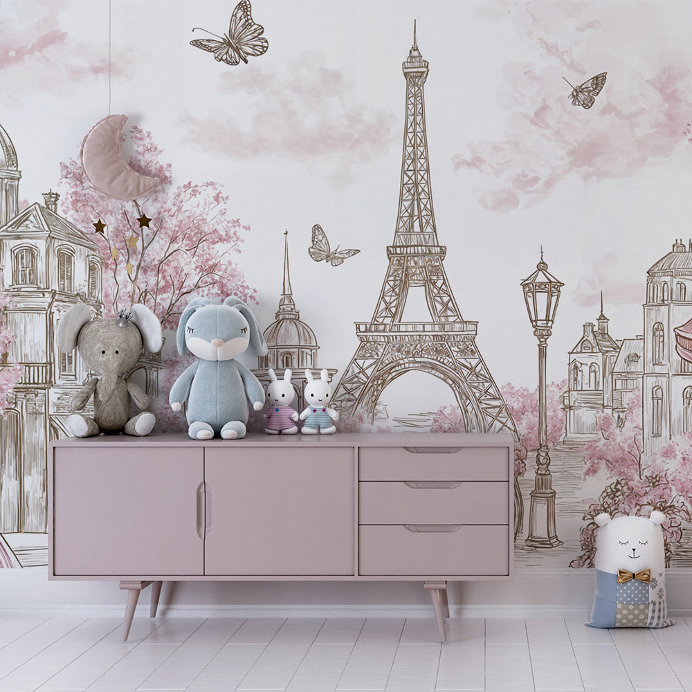 Kids-Mundo pink Paris street scene wall mural brightening a kids' playroom