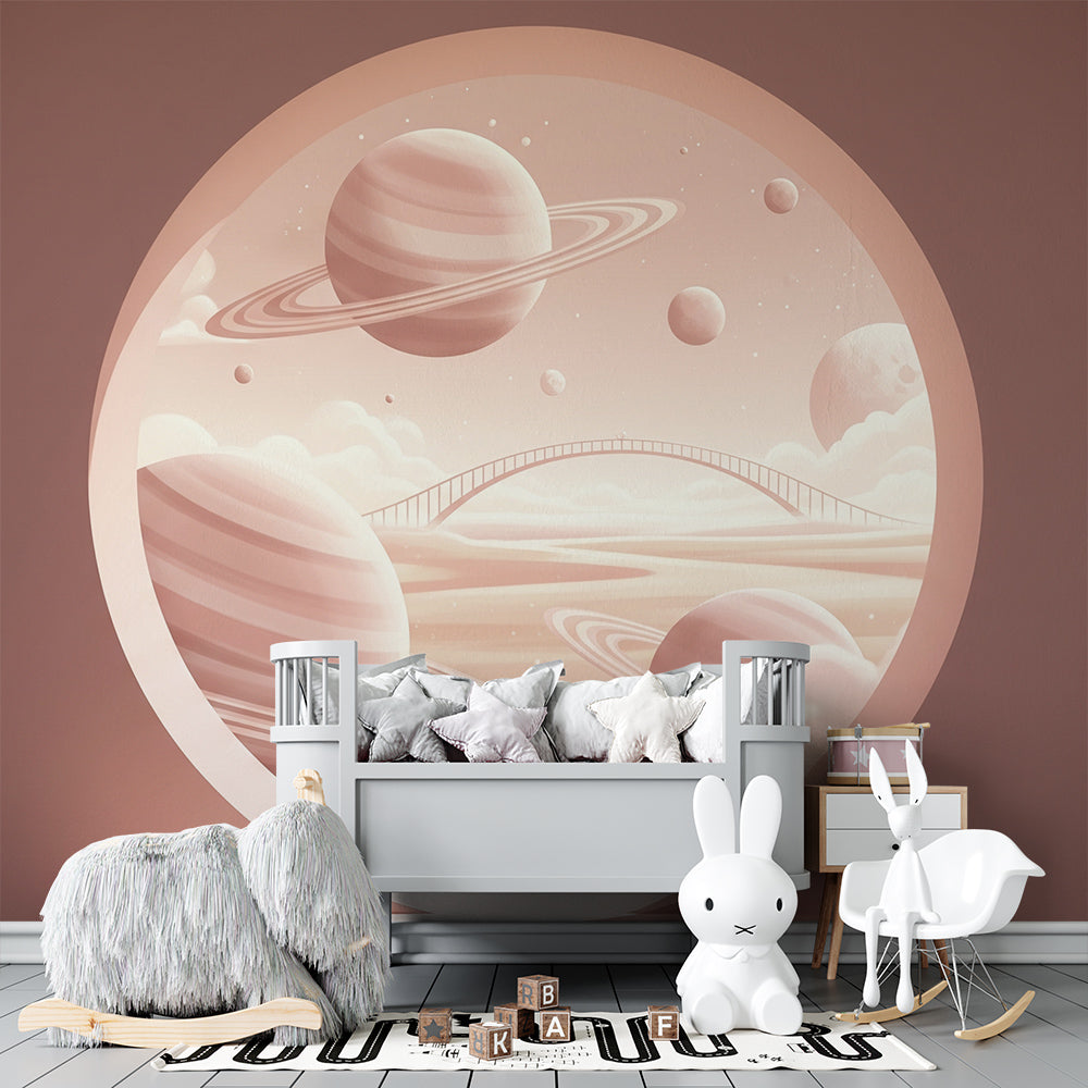 Kids-Mundo pink space wall mural in a playroom, featuring a round portal framing ringed planets
