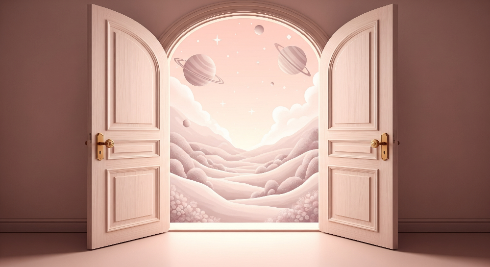 Kids-Mundo flat artwork of open doors revealing a pink valley with ringed planets