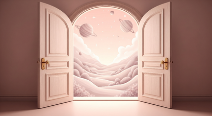 Kids-Mundo flat artwork of open doors revealing a pink valley with ringed planets