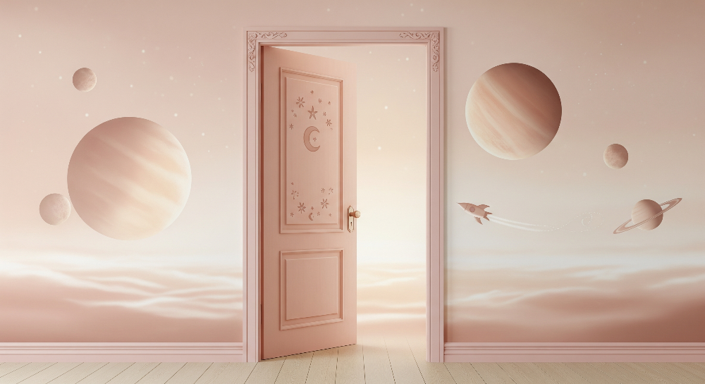 Kids-Mundo flat artwork of the pink rocket doorway space wall mural design