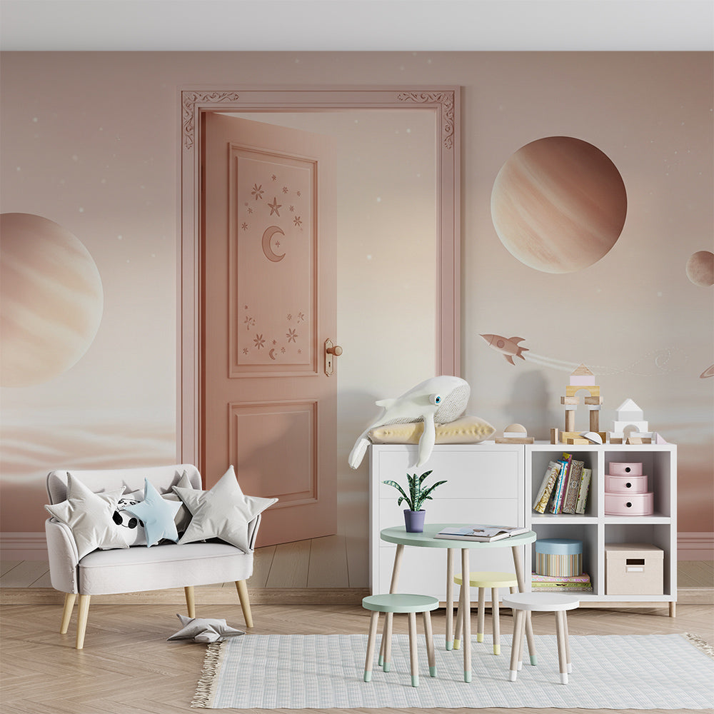 Kids-Mundo pink rocket doorway wall mural bringing space adventure into a playroom