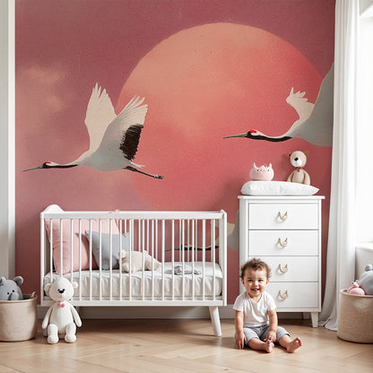 Kids-Mundo cranes wall mural in soft pink tones, made to measure for a calm baby nursery wall.