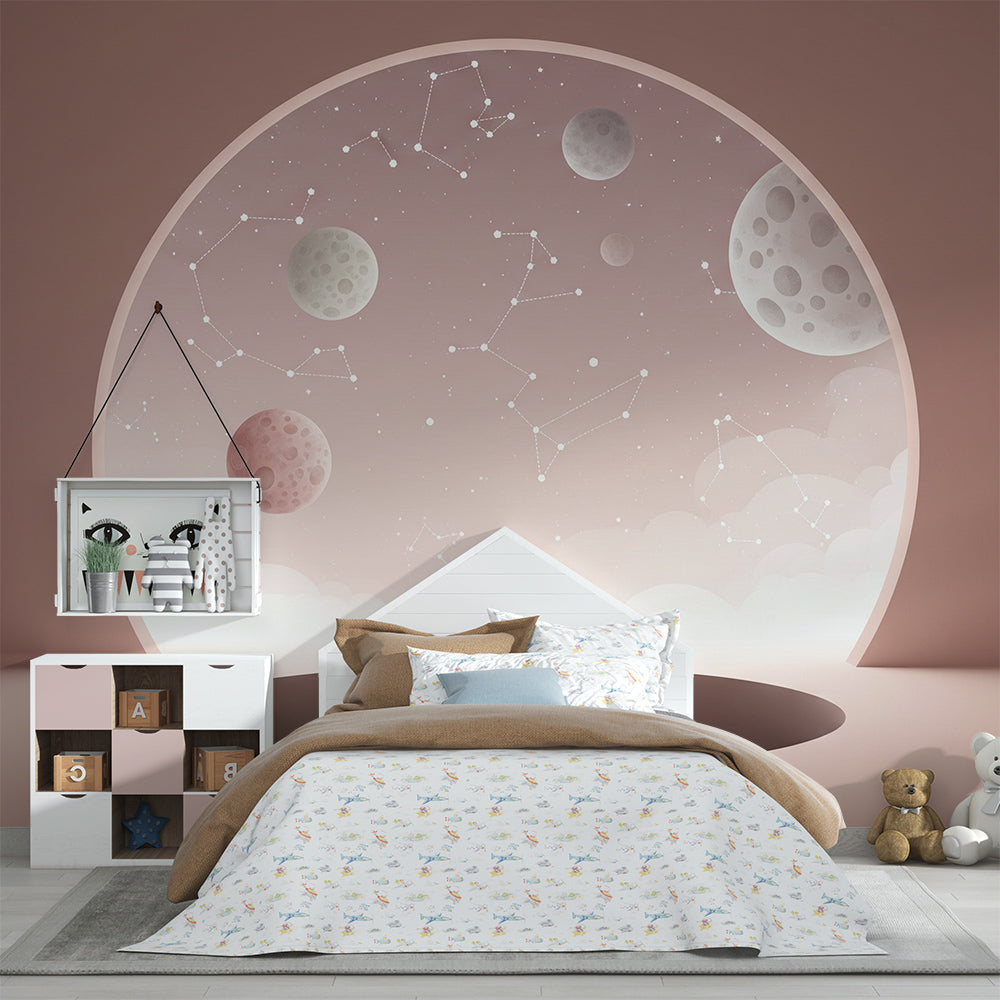 Kids-Mundo space wall mural with constellations and moons on a feature wall in a child's bedroom