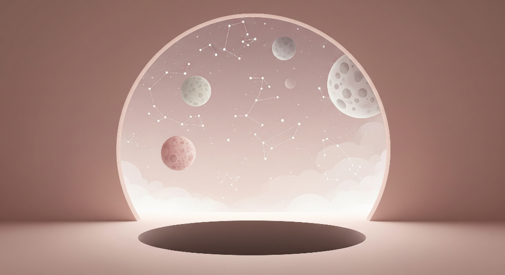 Kids-Mundo flat artwork of a blush pink space mural design featuring moons and hand-drawn constellations