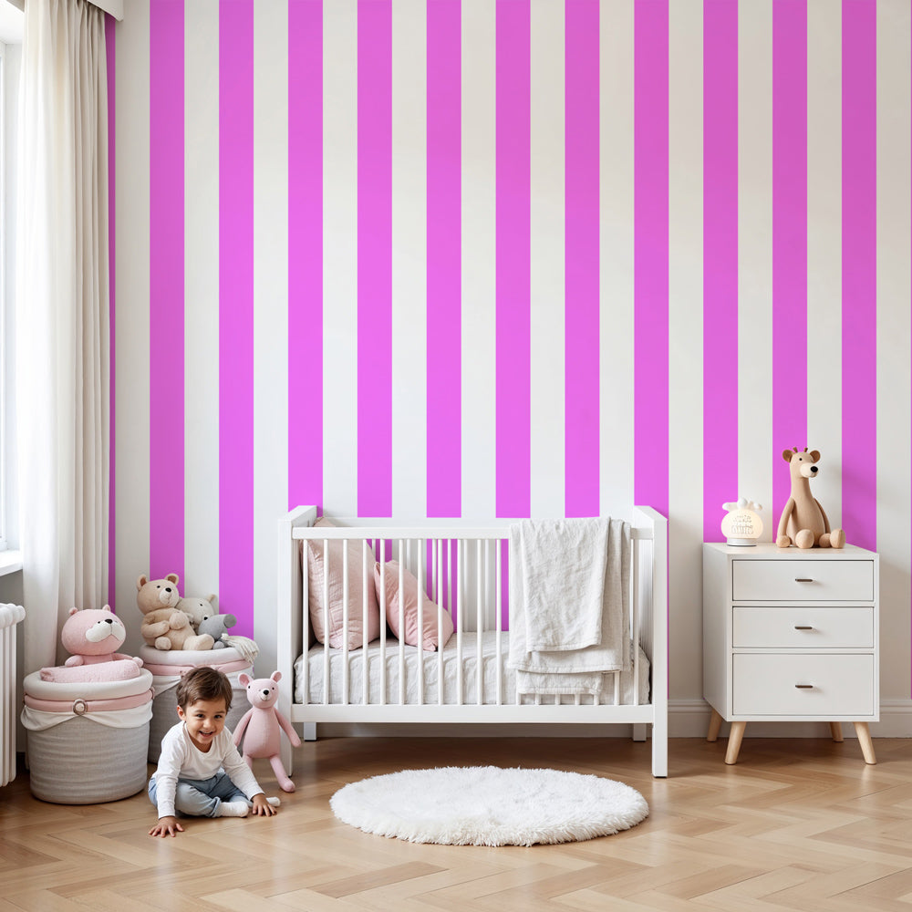 Pink striped mural wallpaper in modern kids bedroom with white furniture by Kids-Mundo