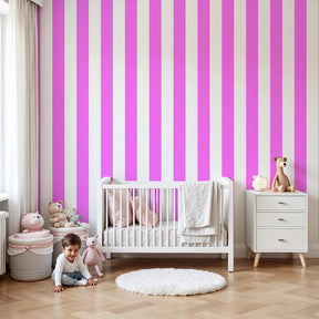 Pink striped mural wallpaper in modern kids bedroom with white furniture by Kids-Mundo