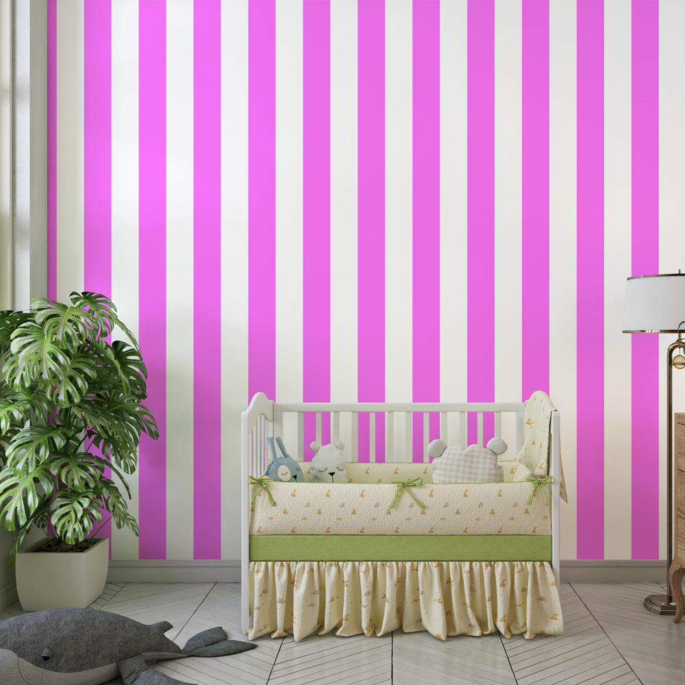Bold pink striped wallpaper transforming children's playroom with vibrant vertical design