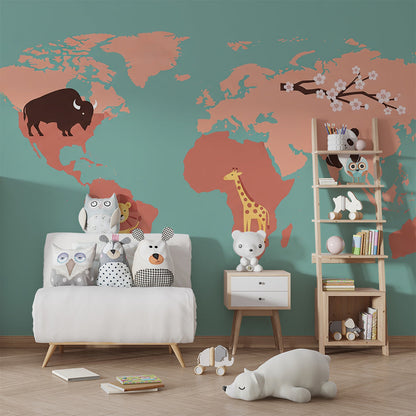 Kids-Mundo coral world map mural with bison and lion in a kids bedroom wall