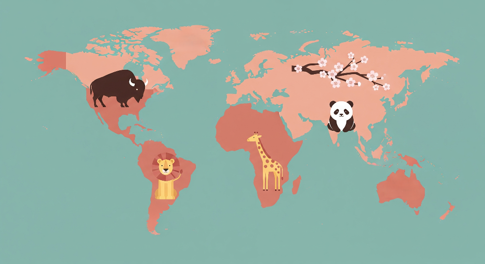 Pink and Teal World Map with Safari Animals Wall Mural