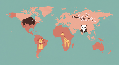 Kids-Mundo pink and teal world map artwork featuring bison, lion, giraffe and panda