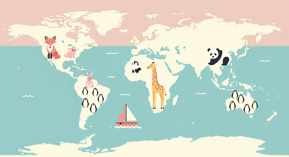 Pink and Teal World Map with Fox and Giraffe Wall Mural