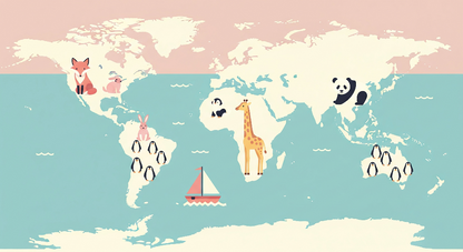 Flat artwork preview of the Kids-Mundo pink and teal world map mural with fox and giraffe