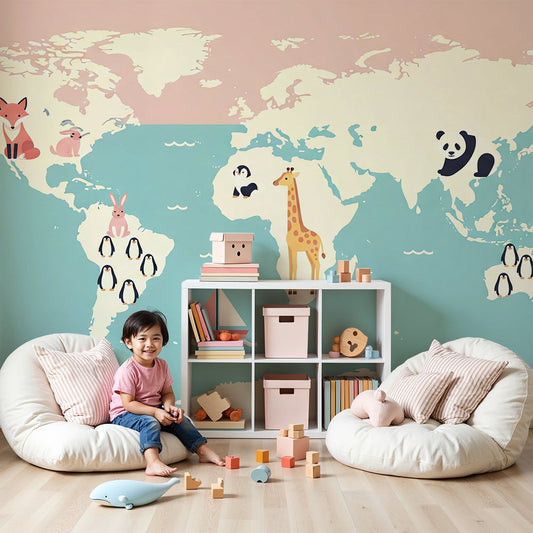 Pink and teal world map wall mural with fox and giraffe painted in a Kids-Mundo nursery