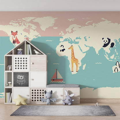 Playroom wall featuring the Kids-Mundo pink and teal world map mural with sailboat
