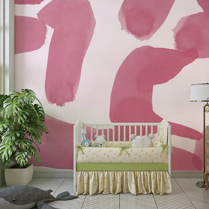 Kids-Mundo pink watercolour abstract mural covering the wall of a girl's bedroom