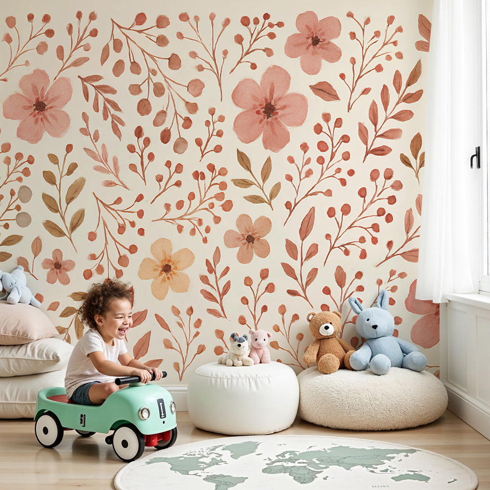 Kids-Mundo delicate pink floral wall mural styled in a soft baby nursery room