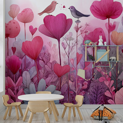 Kids-Mundo pink floral wall mural with birds on a feature wall in a girls' bedroom