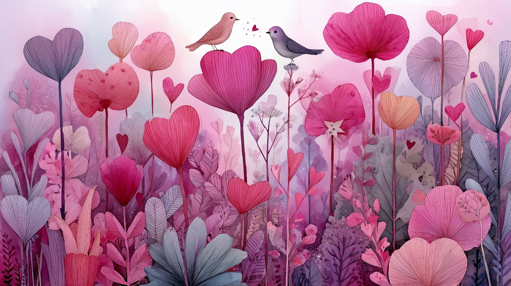 Kids-Mundo pink floral wall mural flat artwork showing tall blooms and perched birds