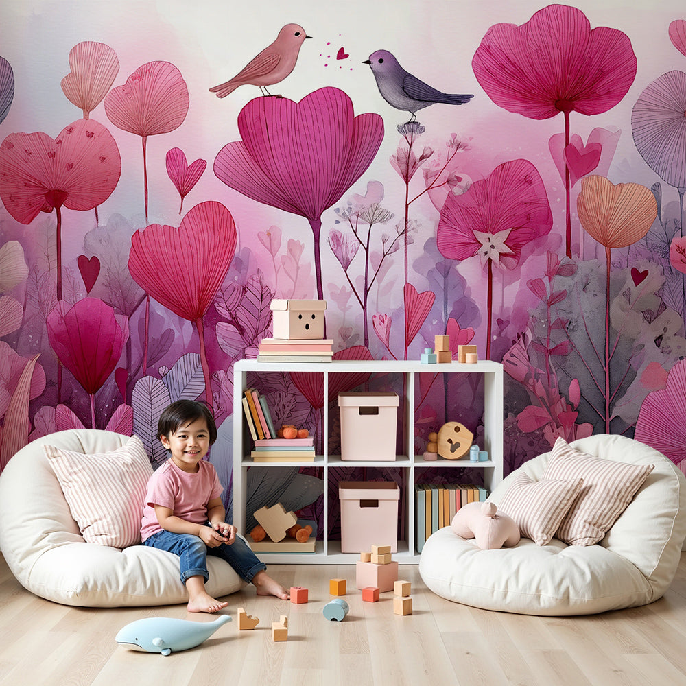 Kids-Mundo pink watercolour wall mural styled in a soft, romantic nursery
