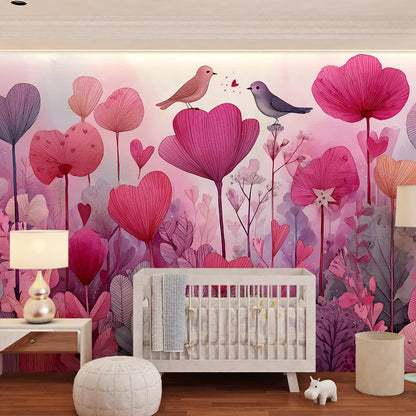 Kids-Mundo pink watercolour garden wall mural brightening a children's playroom