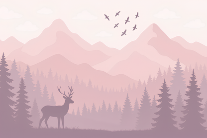 Kids-Mundo flat artwork print of the dusty pink woodland deer and mountains design.