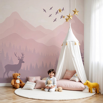 Kids-Mundo dusty pink woodland deer wall mural styled in a calm nursery with a cot and soft furnishings.
