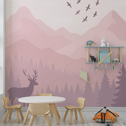 Kids-Mundo pink woodland wall mural bringing a calm forest backdrop to a bright, toy-filled playroom.
