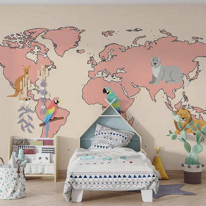 Kids-Mundo world map mural featuring lions and a macaw styled in a bright kids' bedroom