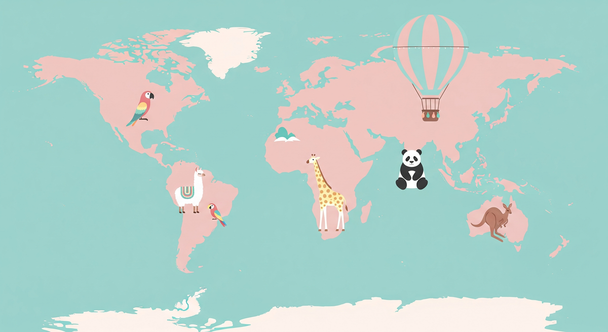 Pink World Map with Panda, Giraffe and Balloon Wall Mural