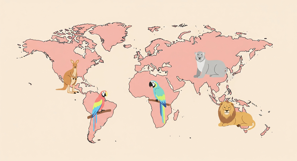 Kids-Mundo flat artwork of a pink world map wall mural with kangaroo, macaw and lions